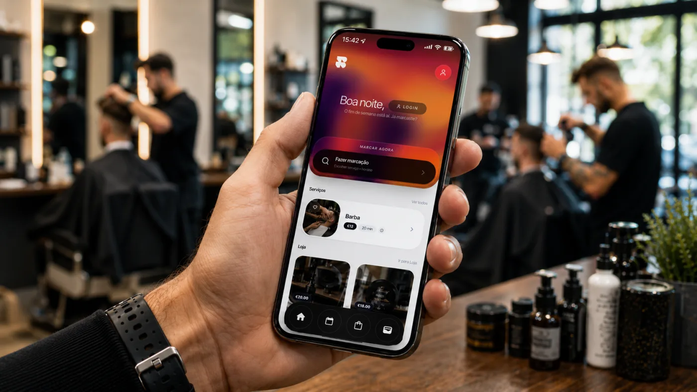 Software Barbeasy num telemóvel dentro de uma barbearia